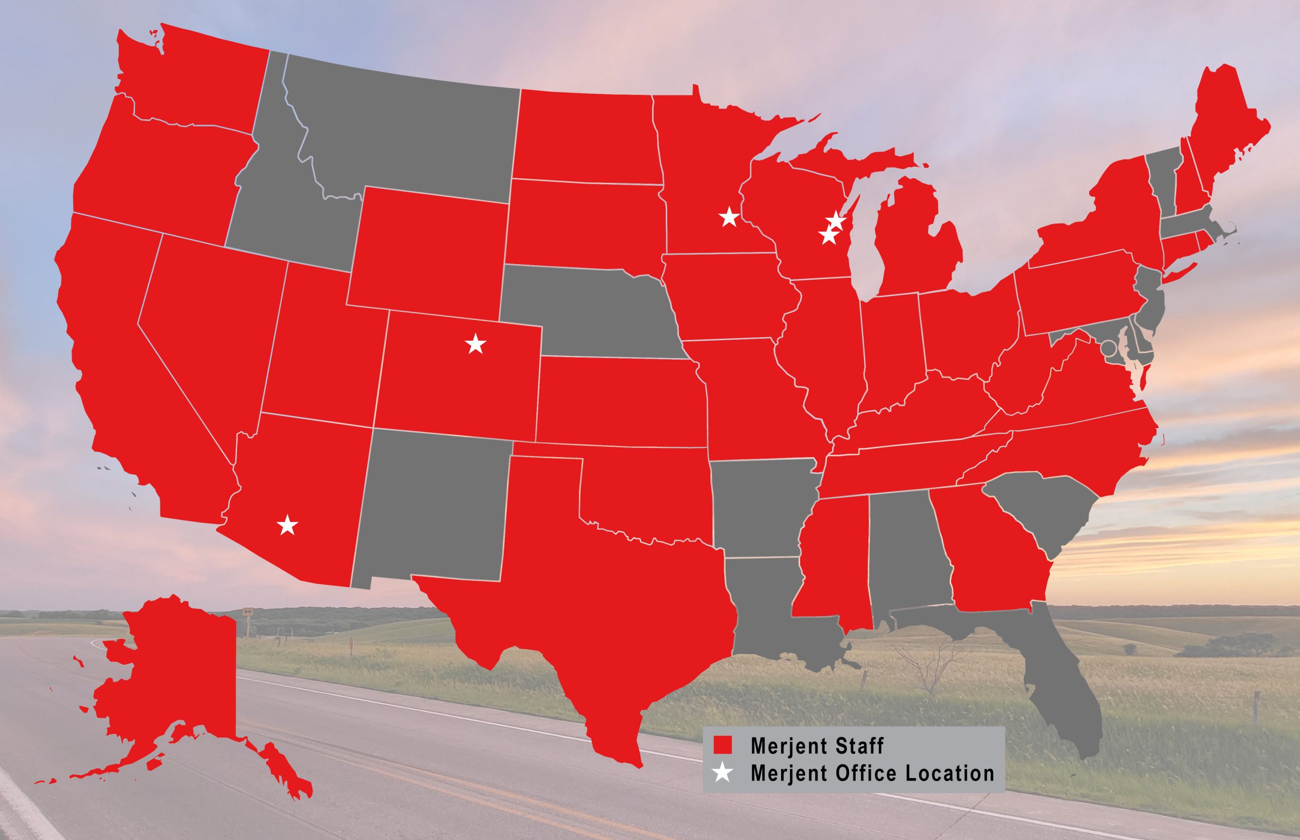 Map of Merjent, Inc. offices in Minnesota and Wisconsin, as well as subsidiary Galileo Project office in Arizona, and staff offices in 29 states.