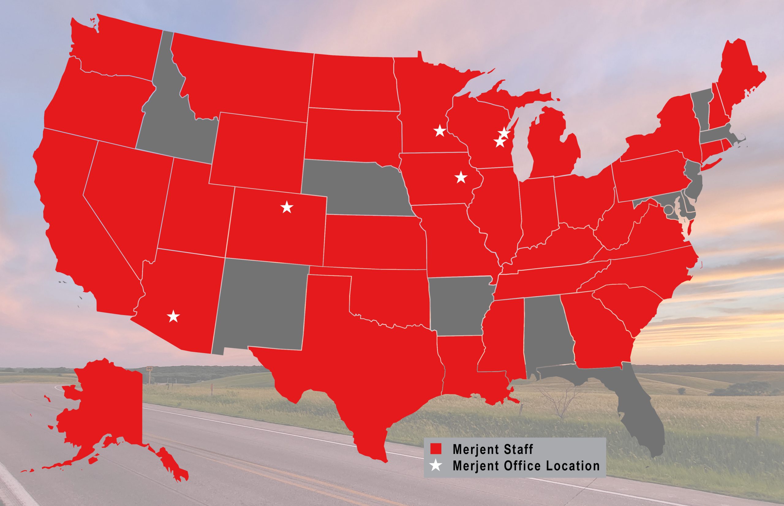 Map of Merjent, Inc. offices in Minnesota and Wisconsin, as well as subsidiary Galileo Project office in Arizona, and staff offices in 29 states.