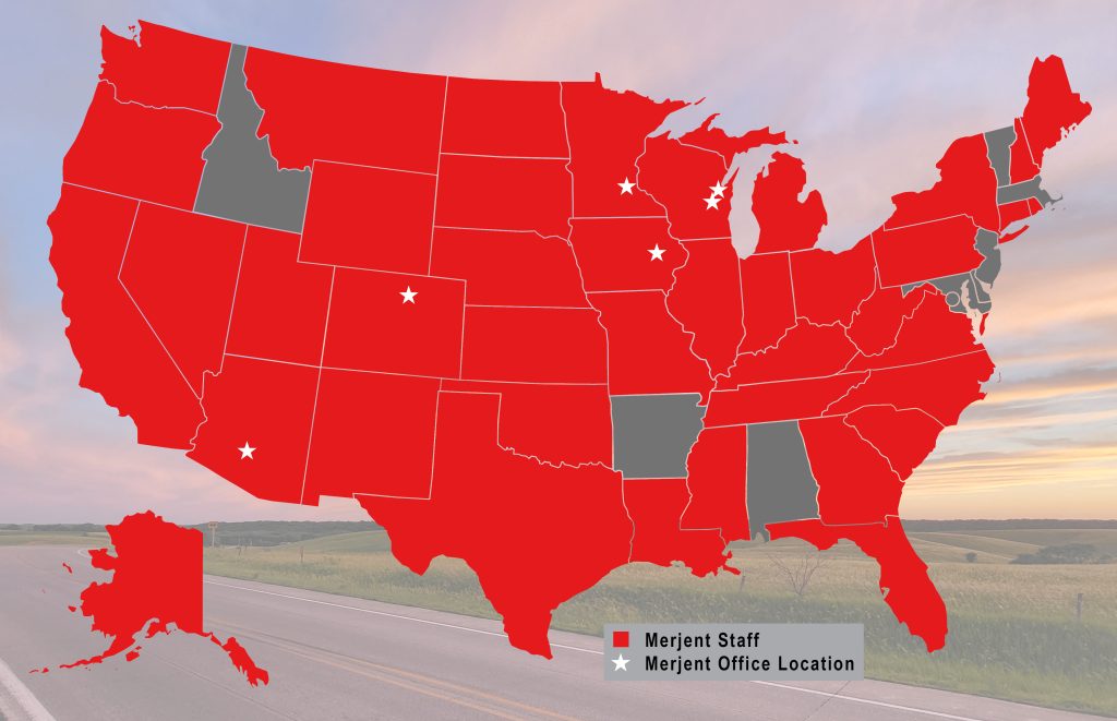Map of Merjent, Inc. offices in Minnesota and Wisconsin, as well as subsidiary Galileo Project office in Arizona, and staff offices in 29 states.