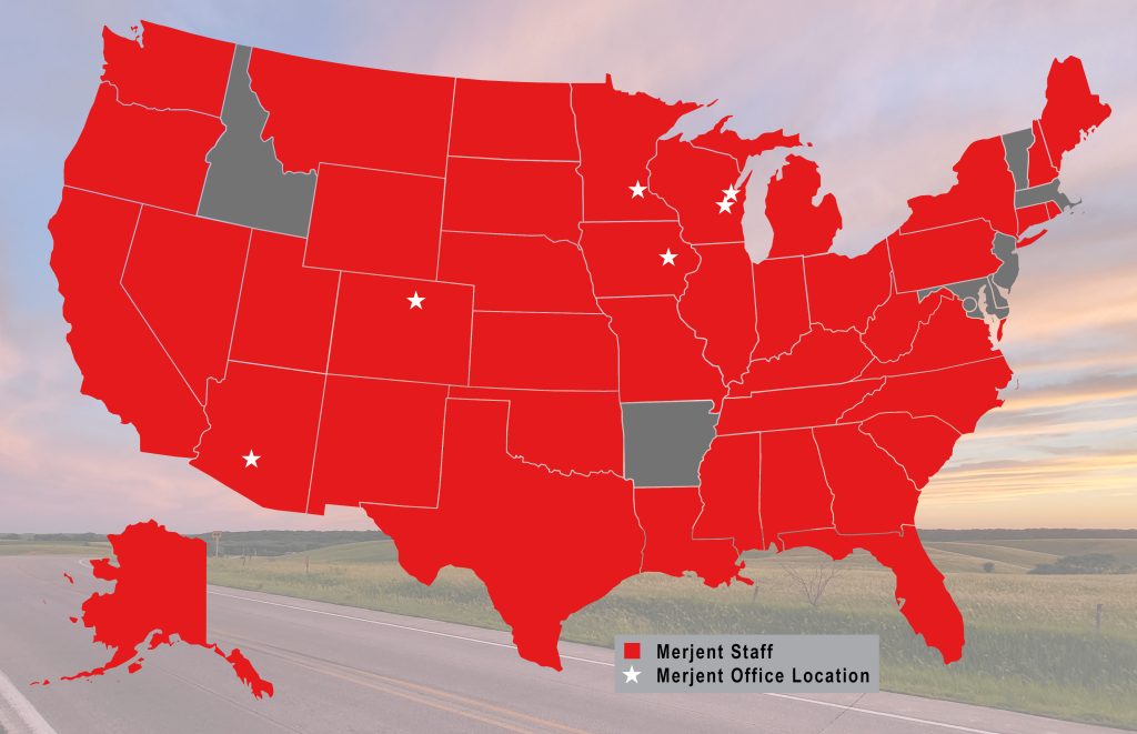 Map of Merjent, Inc. offices in Minnesota and Wisconsin, as well as subsidiary Galileo Project office in Arizona, and staff offices in 29 states.