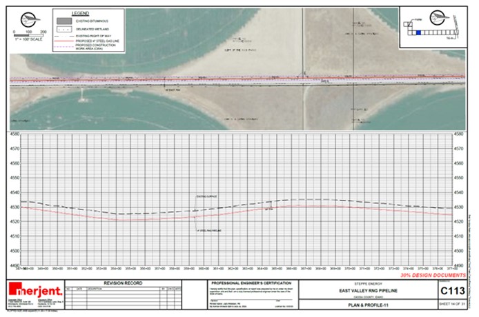 Pipeline alignment plan and profile. Prepared by Merjent Engineering as part of a civil cite design drawing set.